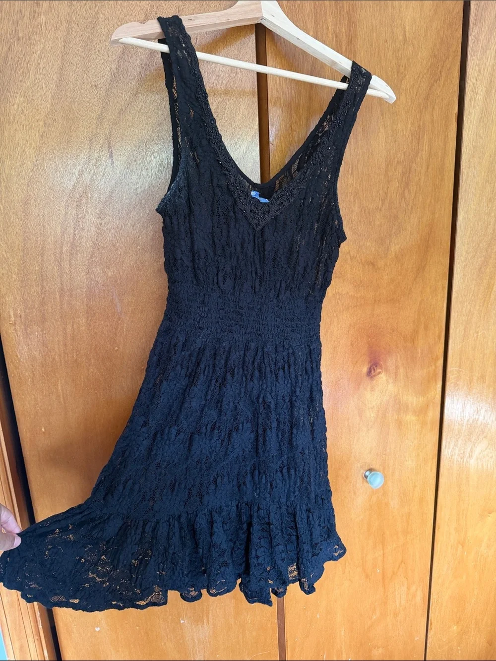 Free People Black Beaded Lace V-Neck Slip Dress